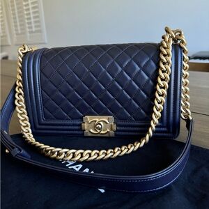 Chanel Medium Quilted Boy Bag in Blackish Dark Purple with Gold Chain